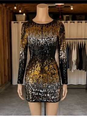 Sequined Black and Gold Long-Sleeve Party Dress